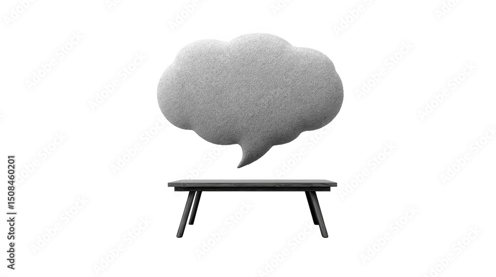 Poster empty thought bubble made of gray felt is floating over a simple wooden table, set against a transpa