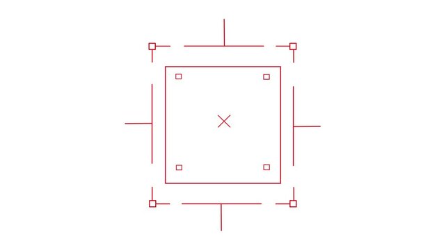 abstract Loop in of formation of square radar display with target in sight in center on a dark background Target searching scope and scanning element theme. Animated radar infographics. 