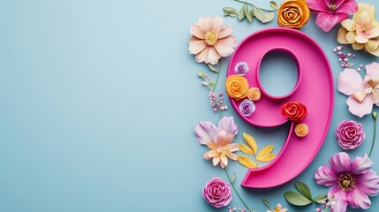 number 7, 9, 10 with floral decorations for the International Women’s Day banner and background