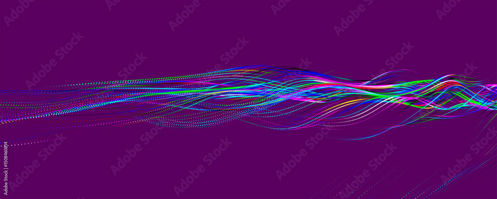 Aufkleber multicolored wave of glowing dots. futuristic dot wave of bright particles, on dark background. inte