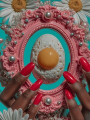 A woman's hand is shown holding an antique pink frame containing a marigold flower and a colored egg, set against a vibrant turquoise background, representing a creative Easter holiday concept