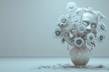 Representation of a baffling black and white minimalist plant in a dreamlike state, conveying an abstract concept of individuality