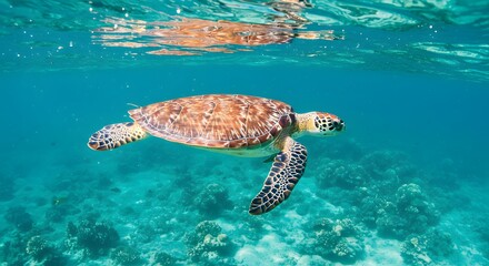 Obraz premium Majestic Sea Turtle Gracefully Navigating Vibrant Coral Reef