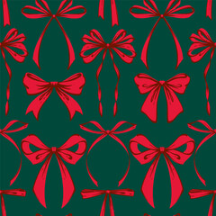 Christmas Red Ribbon Bows Seamless Pattern on green background. Coquette Hand-drawn festive ribbon bows in whimsical, vintage style. Retro holiday print for gift wrap, textiles, card, seasonal designs