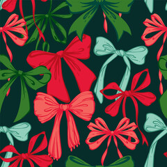 Playful Christmas Ribbon Bows Seamless Pattern. Vibrant red and green Hand-Drawn Doodle Bows on dark Background. Fun Kids Design. Retro holiday print for gift wrap, textiles, card, seasonal designs