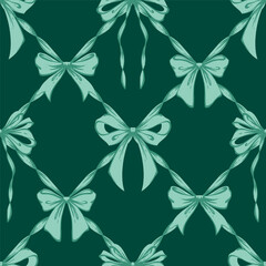 Fototapeta premium Green Ribbon Bows Lattice Seamless Pattern. Coquette, Vintage and Christmas checkered pattern with bows. Retro background for feminine projects, wrapping paper, textiles, and seasonal designs
