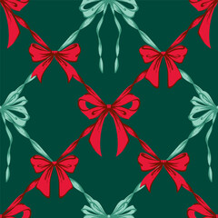 Christmas Ribbon Bows Lattice Seamless Pattern. Coquette Vintage and Christmas checkered pattern with green, red bows. Retro background for feminine project, wrapping paper, textile, seasonal design