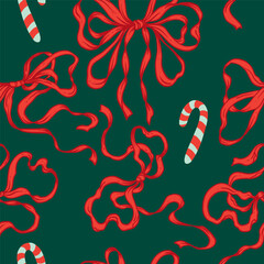 Coquette Christmas Red Ribbon Bows Seamless Pattern on green background. Hand-Drawn Soft and Feminine Rococo Print. Romantic, vintage Design. Perfect for Whimsical Christmas Background