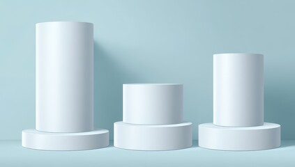 Three white cylinders, different heights, on light-blue backdrop