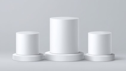 Three white cylindrical podiums, ascending in size, against a plain gray background
