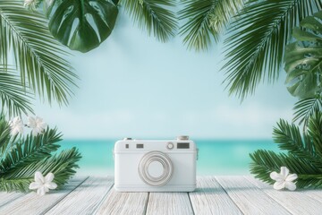 A summer photo album documenting a surfing beach trip rests on a wooden table, showcasing instant photos taken with a vintage film camera in a retro style