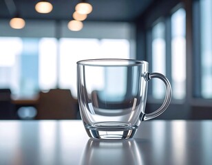 Empty glass mug on a table, blurred office background