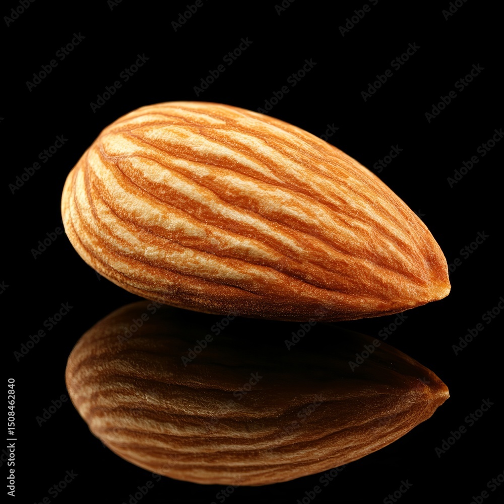 Poster single almond with reflection isolated nut on a black background with perfect reflection.