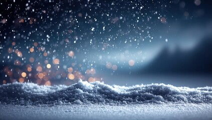 Snowy night scene with falling snow and warm light bokeh