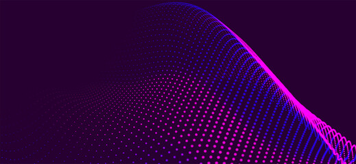 Abstract background with dynamic color wave. Futuristic dotted wave of bright particles. Dark background. Colorful background for presentation design. Wide format 3D illustration. Weave effect.