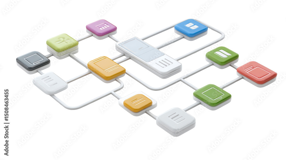 Poster 3d rendering featuring a mobile phone at the center of a network, connecting vibrant app icons and i