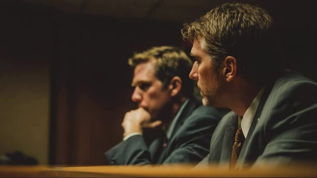 Defendant listens carefully beside lawyer in high-stakes court case. Lawyer offers support while tension builds. Lawyer defends rights while lawyer remains composed and focused.
