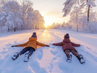Children making snow angels in a frosted field surrounded by snow-laden trees, Generative AI