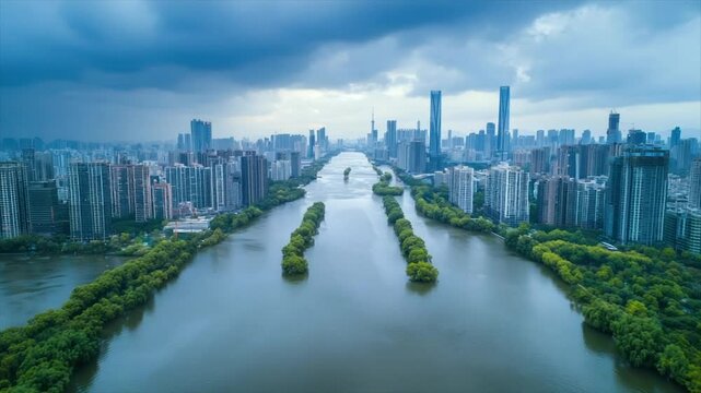 Urban river meanders through cityscape. Lush green parkland lines waterways, amidst high-rise buildings, under a dramatic sky