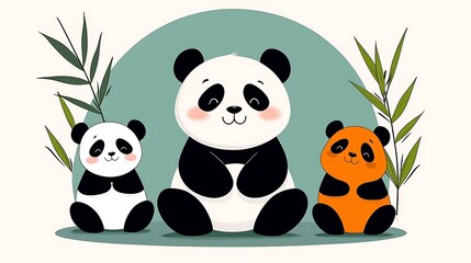 Adorable Panda Family Sitting Among Bamboo