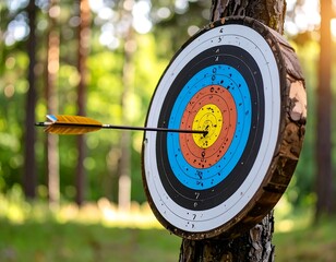 Archery target, arrow in bullseye, outdoors