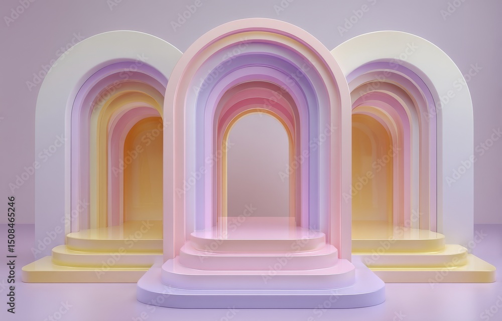 Poster the 3d rendered image presents a scene with geometric shapes, a podium, and an arch, illuminated by 