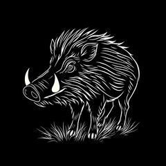 Detailreiche Linienzeichnung eines Wildschweins mit markanten Hauern auf schwarzem Hintergrund – stilisierte Tiergrafik im modernen Line-Art-Stil.