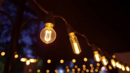 Warme Glühbirnen einer Lichterkette leuchten stimmungsvoll bei Nacht – perfekte Beleuchtung für Gartenpartys oder gemütliche Abende.