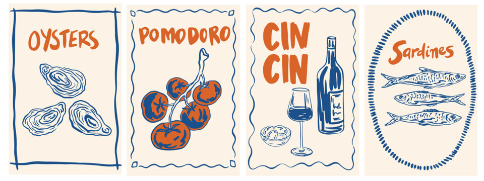 Hand draw la dolce vita vintage posters. Summer Italy. Amalfi. Vacation vector illustrations in ink line doodle sketch style postage stamps with image. Chalk style drawing for placard, poster, print