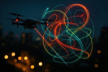 Creative drone light performance illuminating the night sky with vibrant trails in an urban setting Generative AI