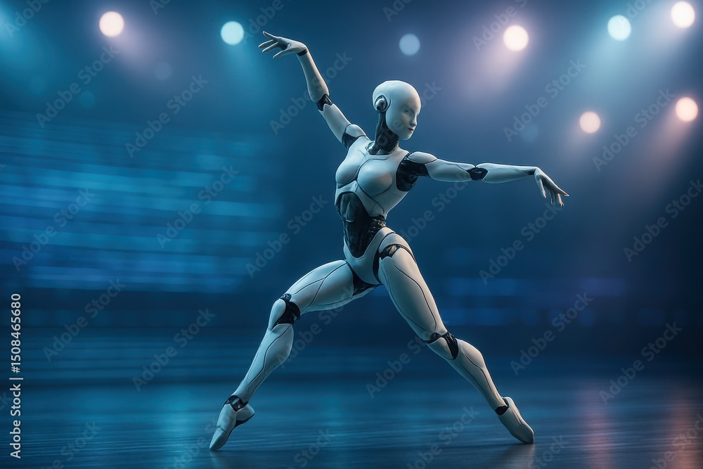 Poster innovative robotic dancer performing gracefully on a futuristic stage with dynamic lighting effects 