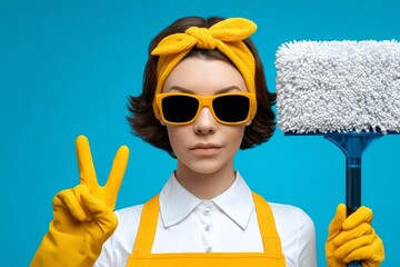 A funny and funky elderly woman, dressed as a cleaning lady, is shown full-body on a blue background, amusingly playing with a broom