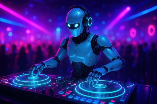 Futuristic robot DJ creates an electrifying atmosphere at a vibrant nightlife event in a modern city setting Generative AI