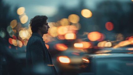 Man Standing Still Against a Blurred Traffic Background at Night in an Urban Cityscape