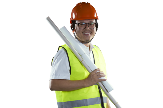 Smiling architect holding plans and wearing safety vest and helmet on transparent background