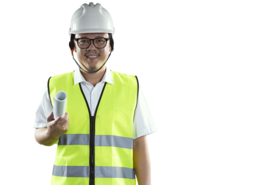 Smiling asian engineer holding blueprint on transparent background