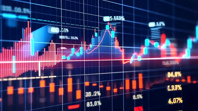 Financial chart displays trading trends, with fluctuating lines & bars plotted against grid, symbolizing market dynamics & data analysis