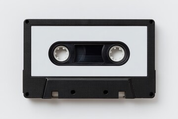 Fototapeta premium A vintage VHS cassette tape from the 80s or 90s with a blank paper label is shown from the top, isolated on a white background, epitomizing retro media