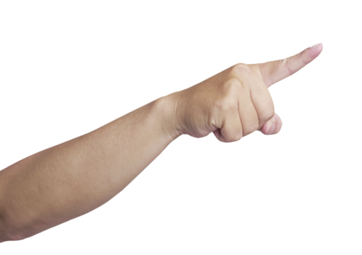 Hand pointing with index finger on transparent background