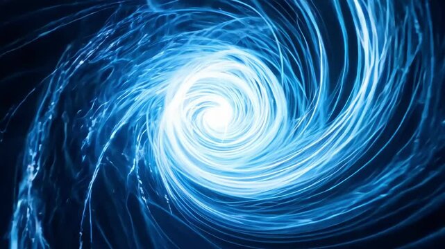 Dynamic blue energy vortex rotates creating hypnotic spiral motion with bright white center light forming cosmic tunnel effect