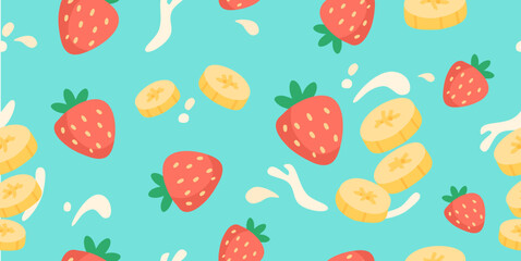 Seamless Vector Pattern with Strawberries, Banana Slices and Milk Splashes on Aqua Background – Fun Fruit Design for Food, Packaging, and Kids Products

