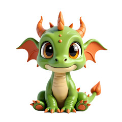 Fototapeta premium A cute green cartoon dragon sitting with orange horns and wings on a black isolated background isolated on transparent background