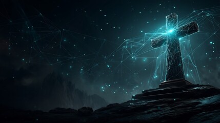 Obraz premium Glowing Cross with Night Landscape, Faith, and Religion.