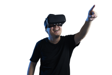 Asian man enjoying virtual reality experience with vr headset and pointing finger on transparent background
