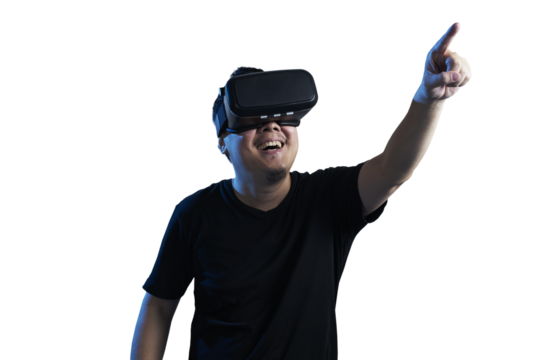 Asian man enjoying virtual reality experience with vr headset and pointing finger on transparent background - Powered by Adobe