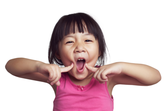 Young girl making funny face with fingers on cheeks, transparent background - Powered by Adobe