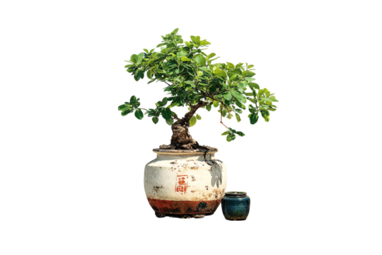 Established bonsai tree with dense branching in vintage ceramic pot with Chinese characters, isolated on a transparent background