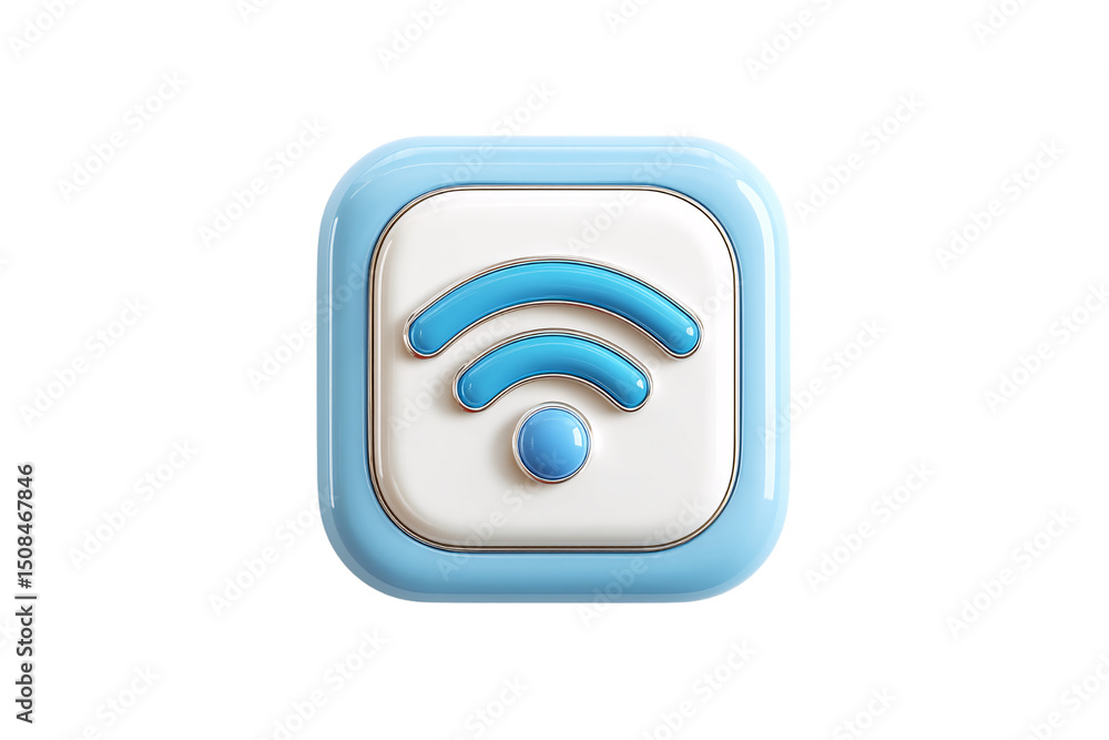 Poster light blue 3d wi-fi icon with dimensional signal bars and glossy finish on rounded square app-style 