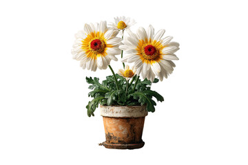 Fototapeta premium Large white and yellow daisy flowers with orange centers in weathered terracotta clay pot, isolated on a transparent background