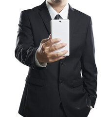 Businessman showing smartphone with blank screen on transparent background